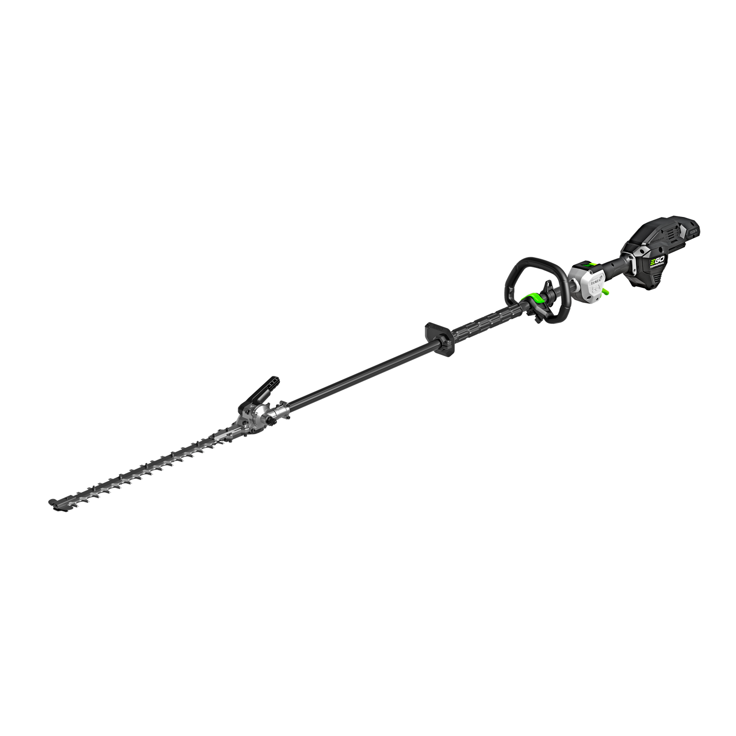 Long black and green articulating pole hedge trimmer designed for extended reach in tools and home improvement