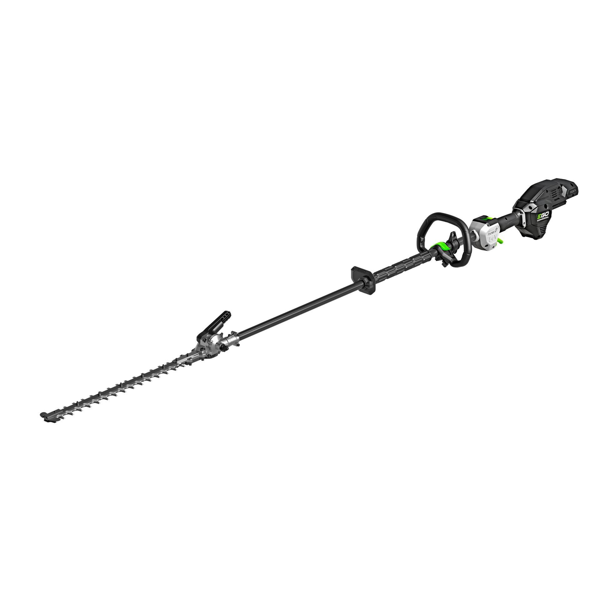 Long black and green articulating pole hedge trimmer designed for extended reach in tools and home improvement