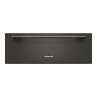Front view of a dark stainless steel warming drawer with horizontal handle from KitchenAid Appliances collection
