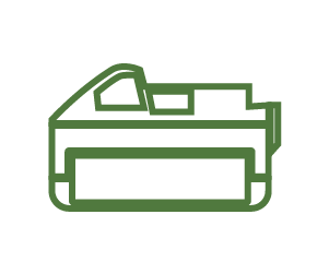 Minimalist green line drawing of a cordless lawn mower viewed from the side, highlighting its handle and cutting deck as a home improvement tool icon.