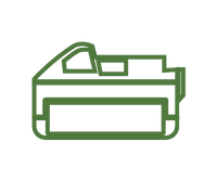 Minimalist green line drawing of a cordless lawn mower viewed from the side, highlighting its handle and cutting deck as a home improvement tool icon.