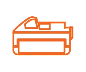 Orange line drawing of a compact battery pack with detailed top handle and rectangular body, representing power supply for home improvement tools.