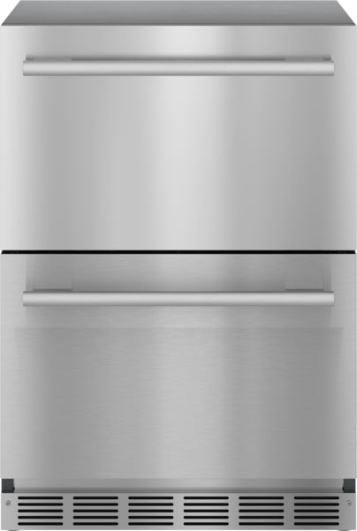 Under counter double drawer refrigerator in stainless steel with sleek handle from Thermador collection at Hartville Hardware