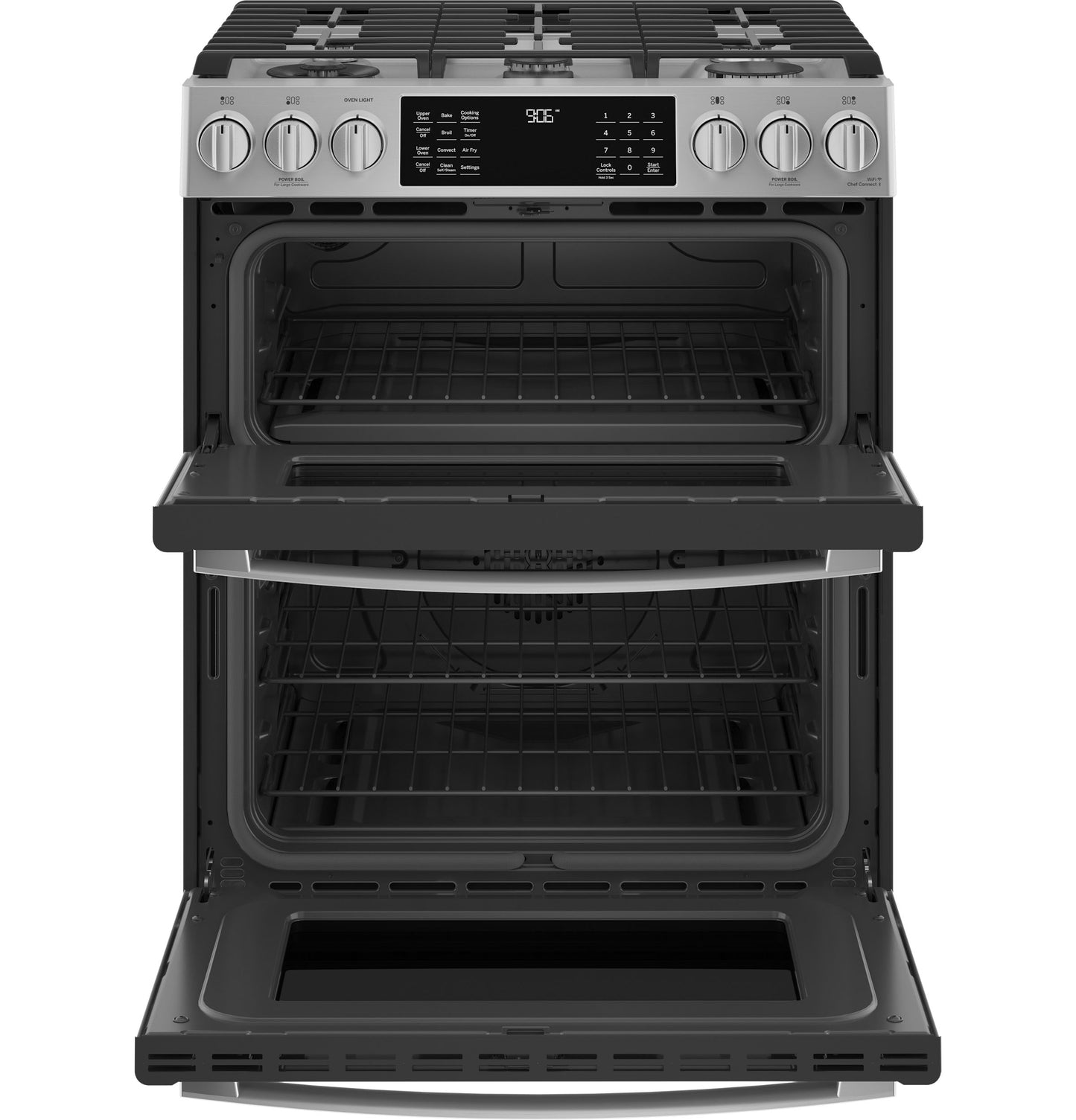 Fingerprint-resistant stainless steel gas range with double convection ovens and front control knobs in Appliances collection