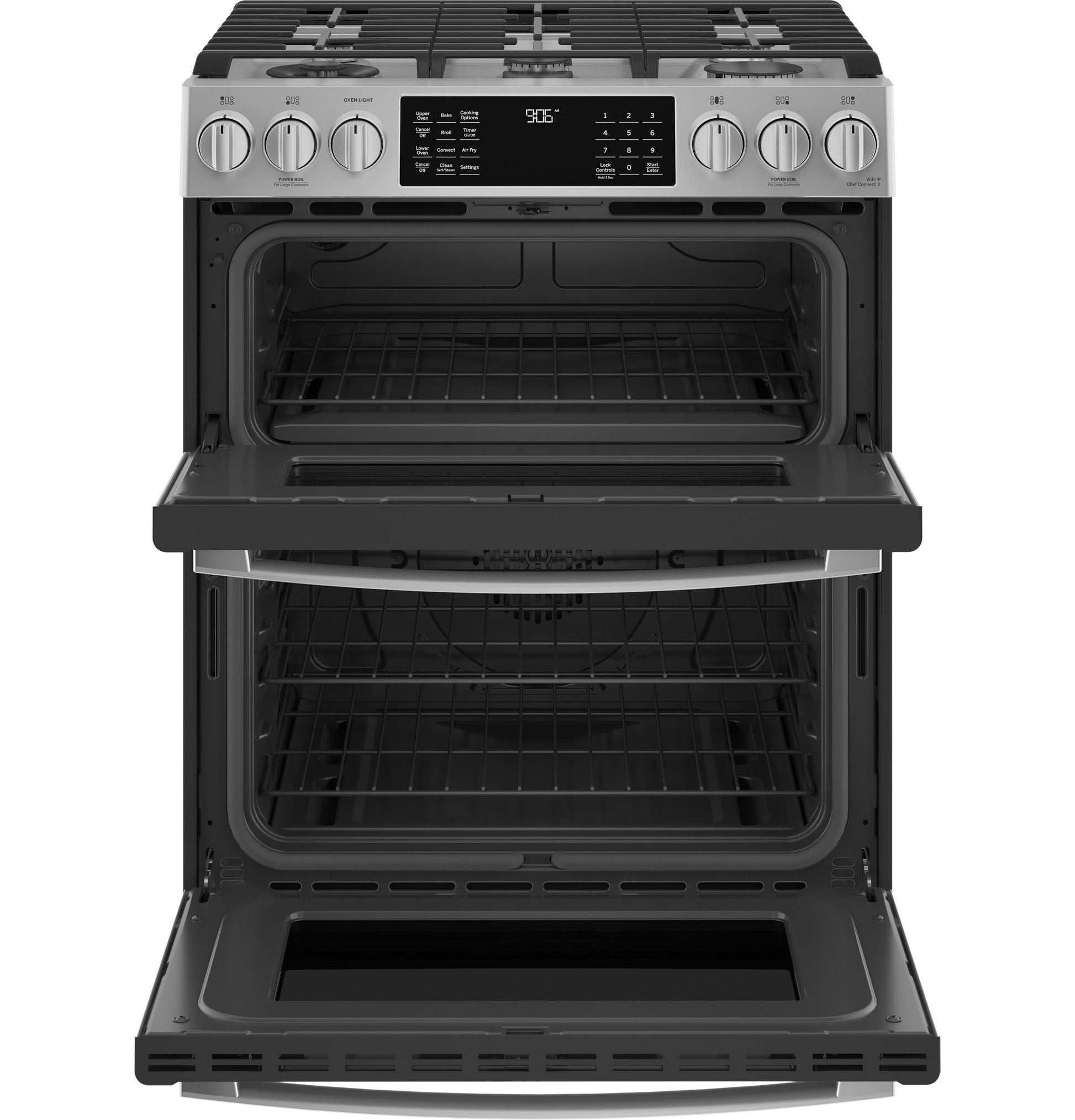 Fingerprint-resistant stainless steel gas range with double convection ovens and front control knobs in Appliances collection
