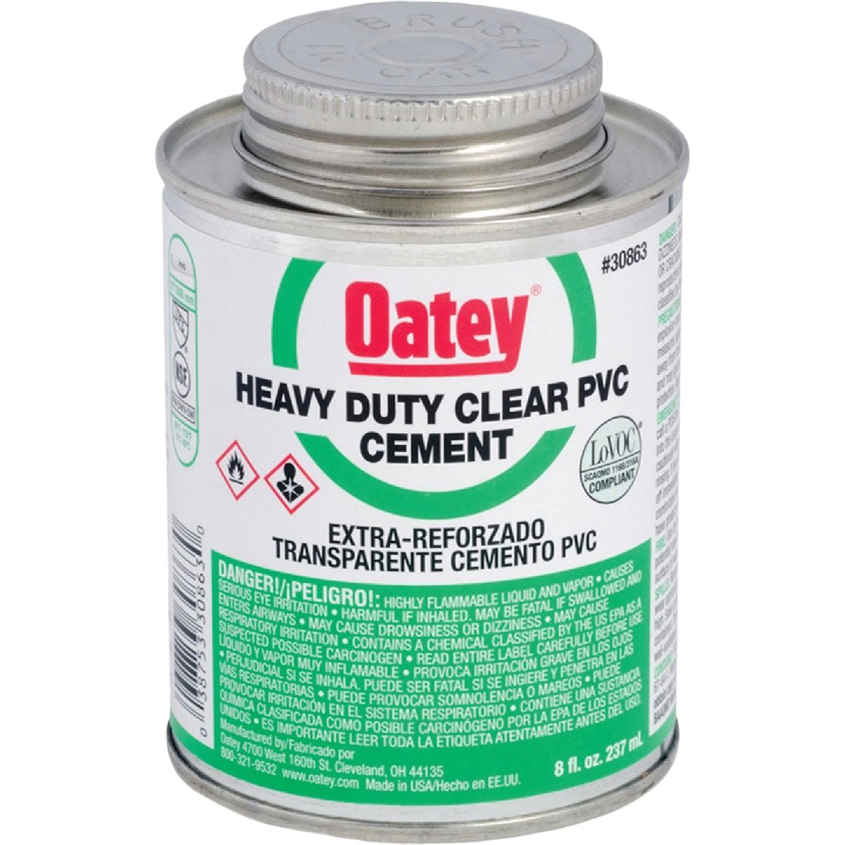 Can of heavy-duty clear PVC cement adhesive for plumbing and pipe repair in plumbing tools and home improvement collections