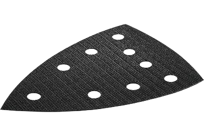 Black delta-shaped sanding pad protector with multiple holes for woodworking and power tool accessories collections