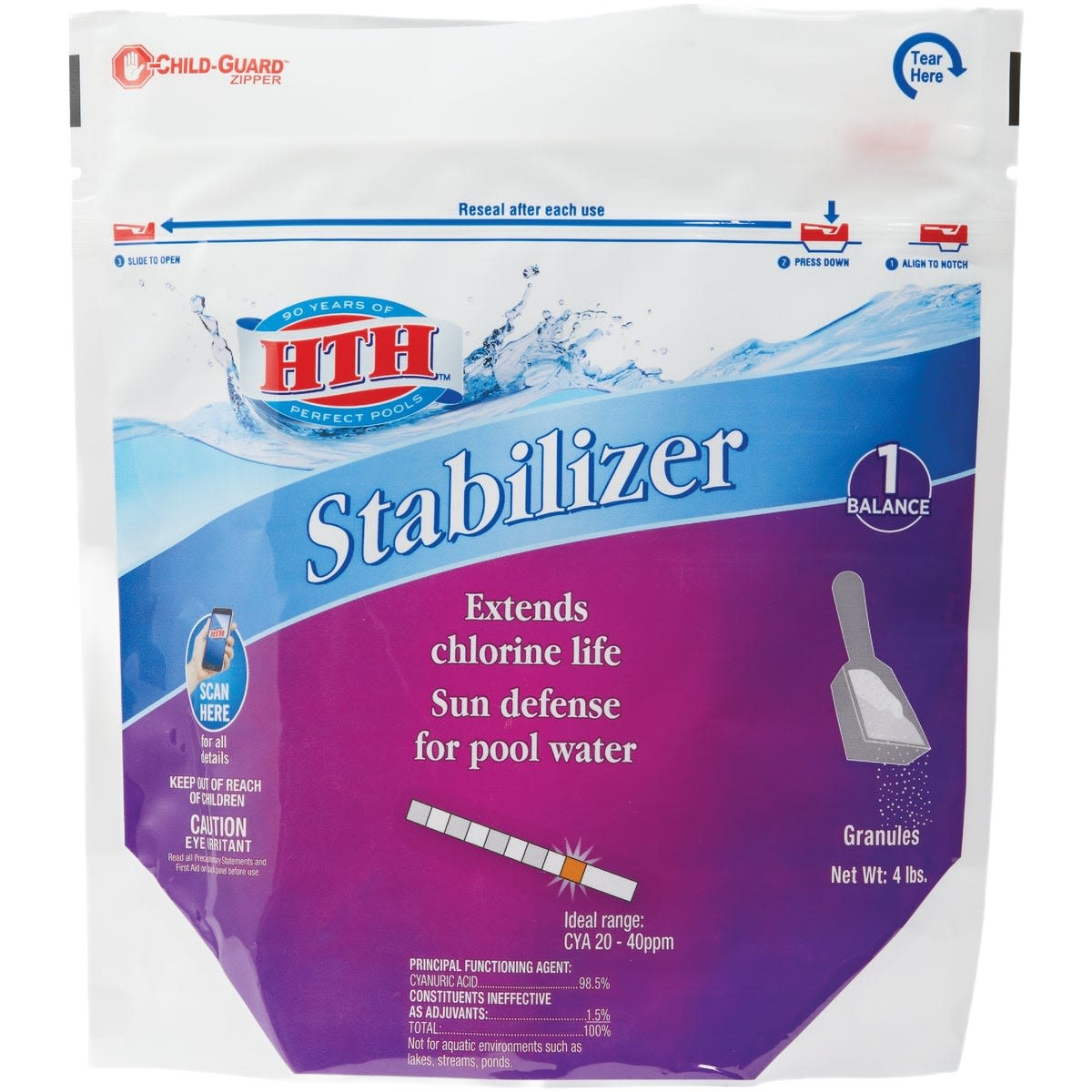 White and purple resealable bag of granules designed to extend chlorine life and protect pool water from sun damage