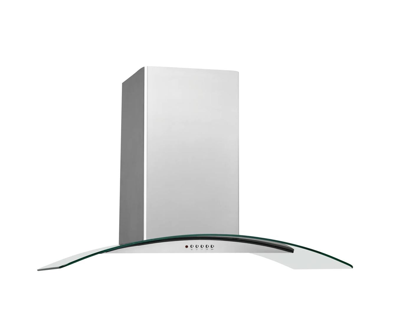 Wall-mounted range hood with curved glass canopy and stainless steel chimney for kitchen ventilation and home improvement collections
