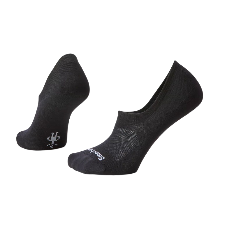 Pair of black no-show socks with reinforced toe and heel, designed for comfort in low-profile shoes