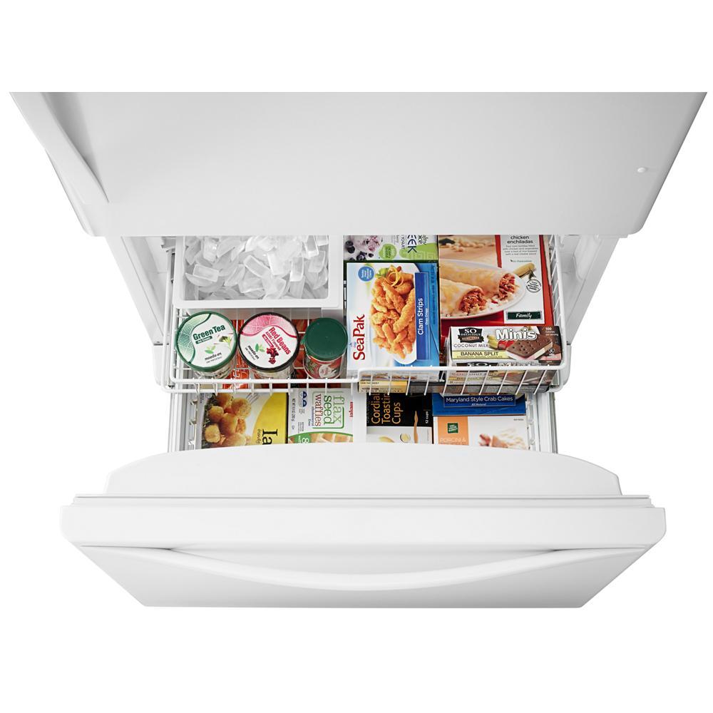 White bottom-freezer refrigerator drawer with organized frozen foods, part of Refrigerators and Kitchen & Kitchenware collections