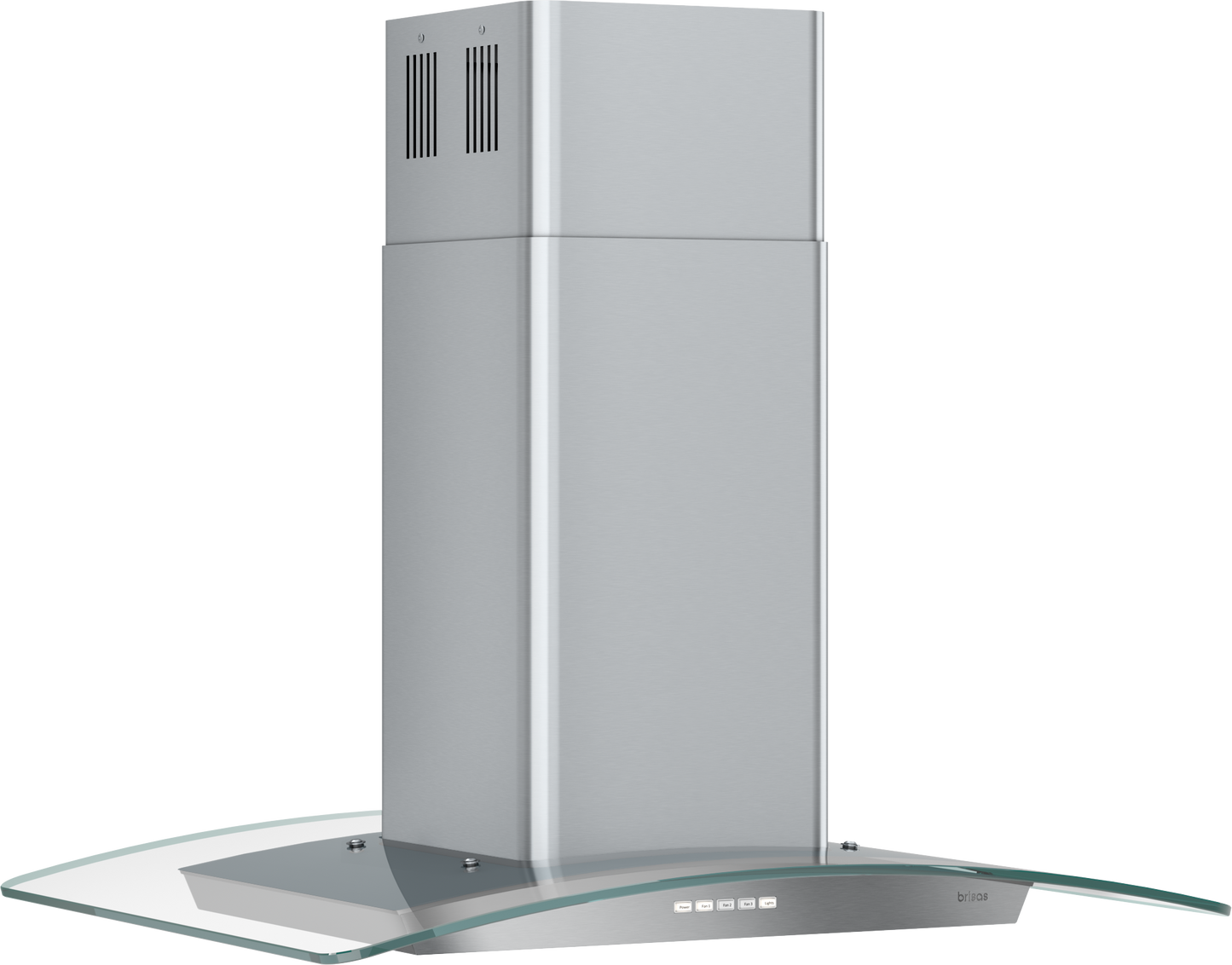 Modern stainless steel island range hood with curved glass canopy and digital touch controls for kitchen appliances