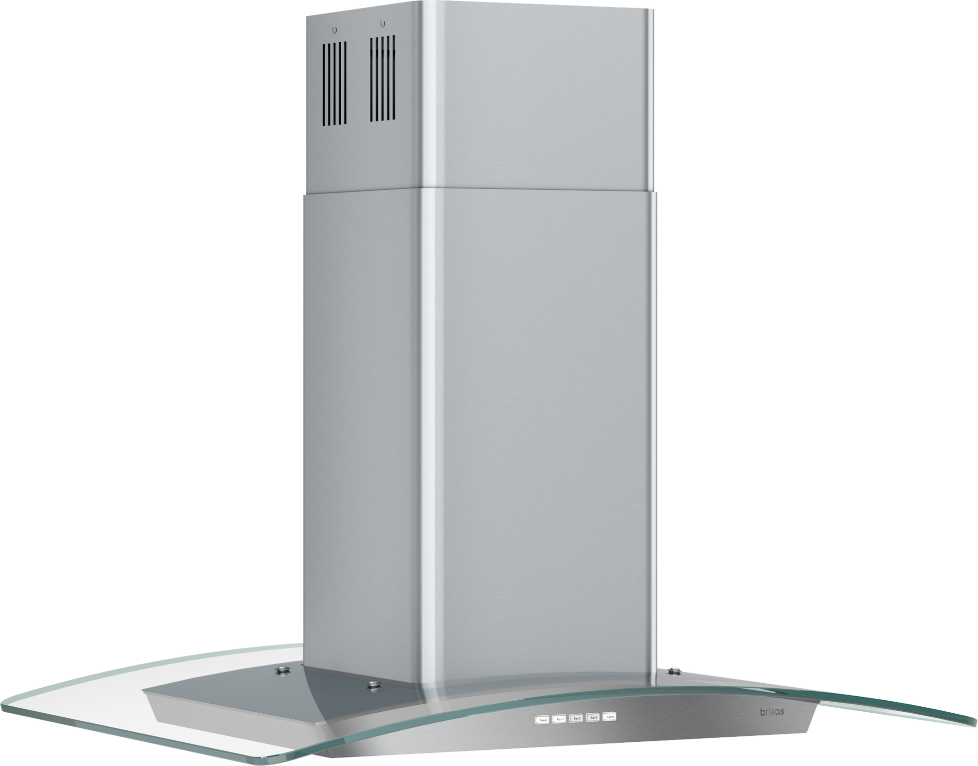 Modern stainless steel island range hood with curved glass canopy and digital touch controls for kitchen appliances