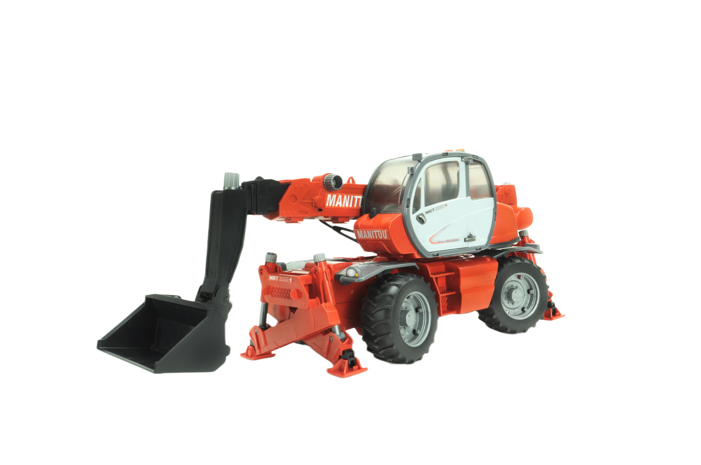 Red toy telehandler with extendable arm, large bucket attachment, and sturdy wheels for construction play