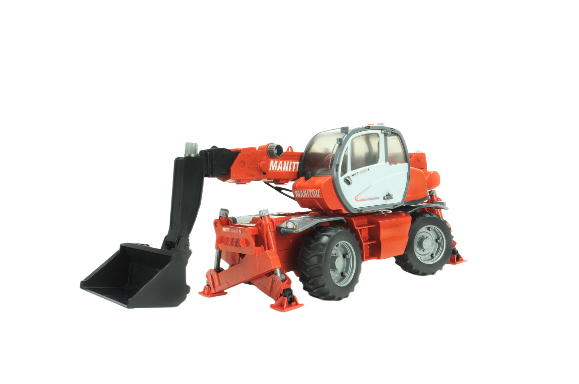 Red toy telehandler with extendable arm, large bucket attachment, and sturdy wheels for construction play