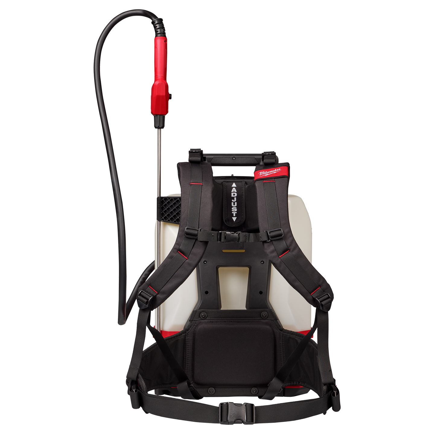 Backpack sprayer with adjustable padded straps, red and black handle, and durable white tank for tools and home improvement
