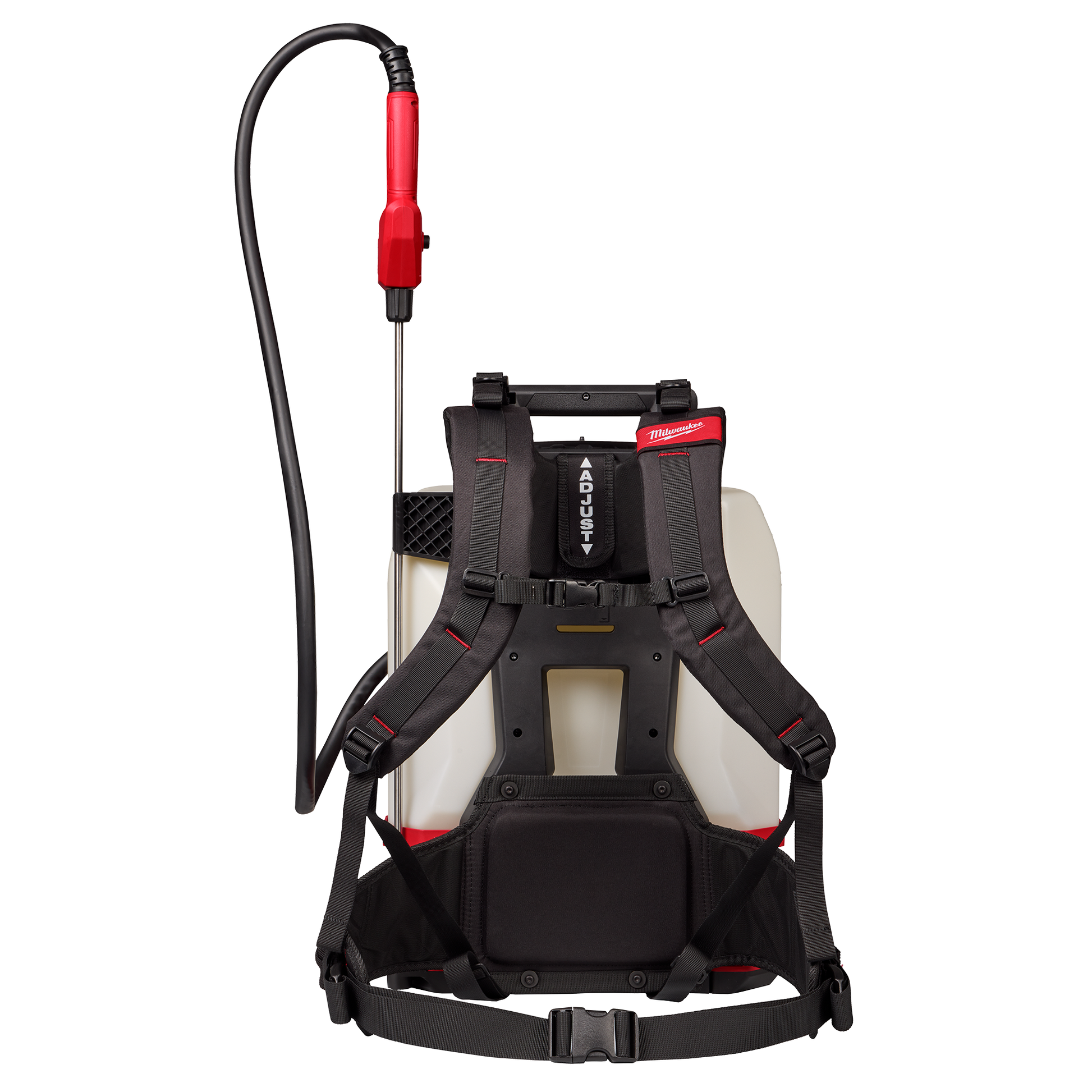 Backpack sprayer with adjustable padded straps, red and black handle, and durable white tank for tools and home improvement