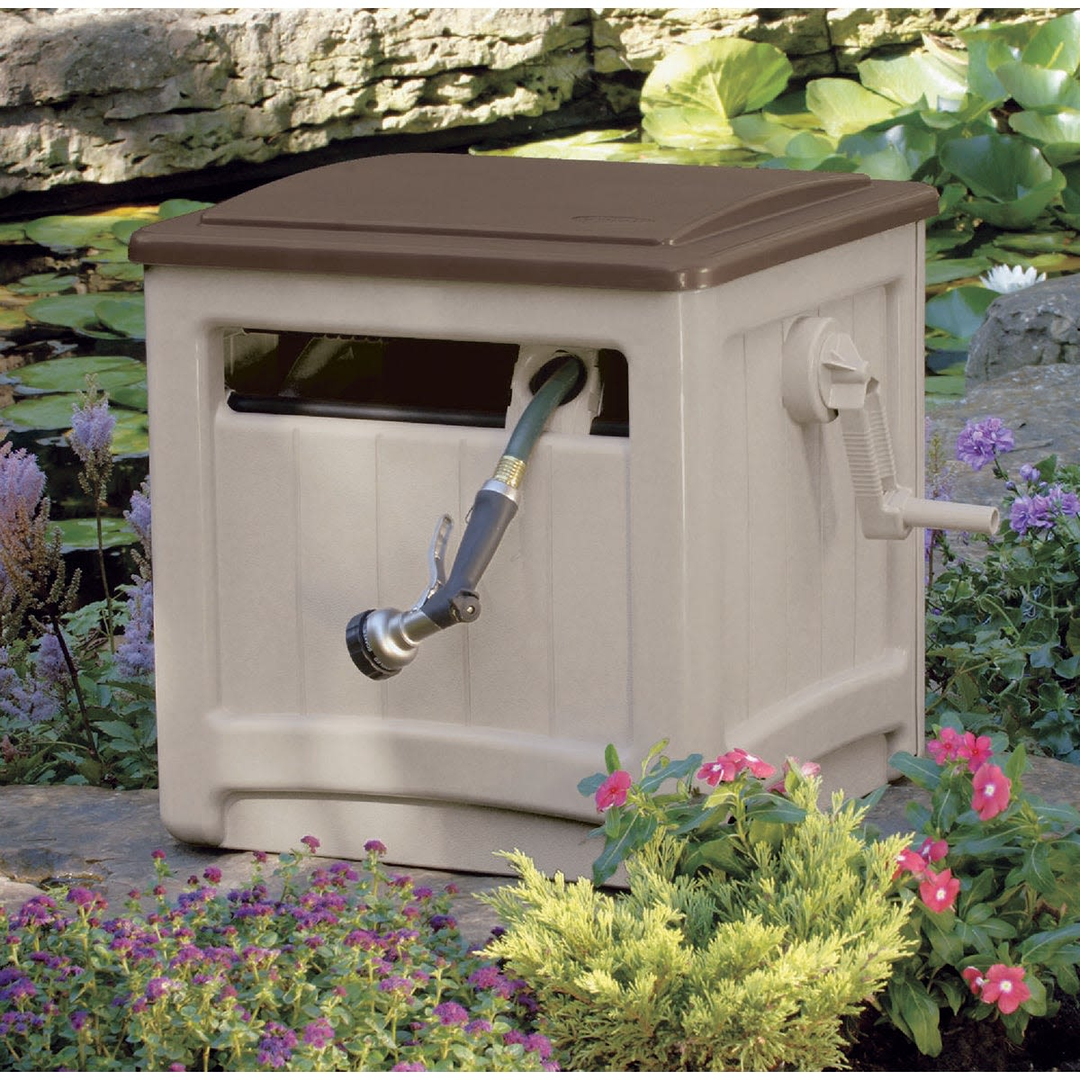 Compact taupe hose reel with bronze lid and hand crank, designed for lawn and garden watering and irrigation storage under $100 category