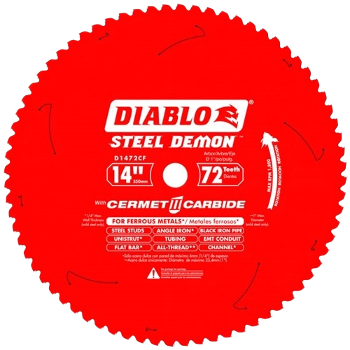 Red 14-inch steel saw blade with 72 teeth featuring carbide tips for metal cutting in power tool accessories and home improvement