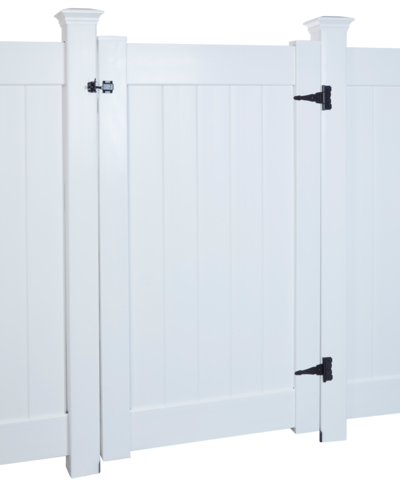 White wood gate installed with black decorative hinges and latch hardware for home improvement and gate accessories collections