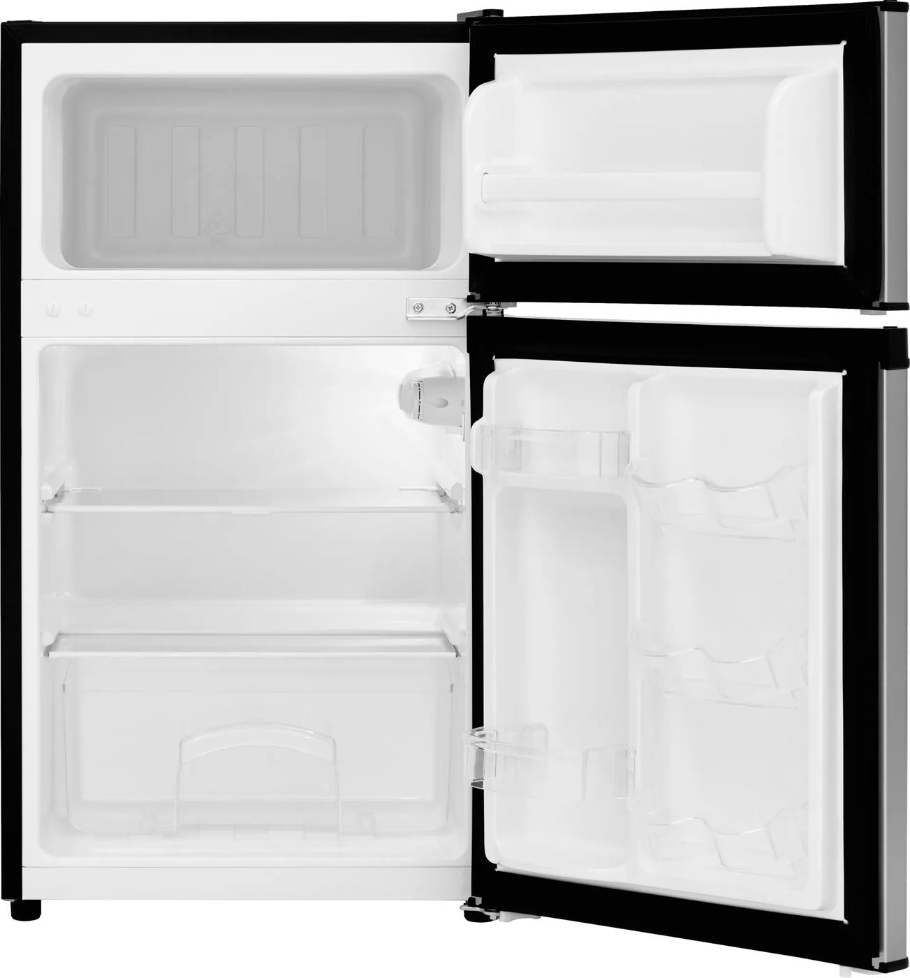 Compact refrigerator with top freezer, open doors showing adjustable shelves and clear storage compartments in appliances collection