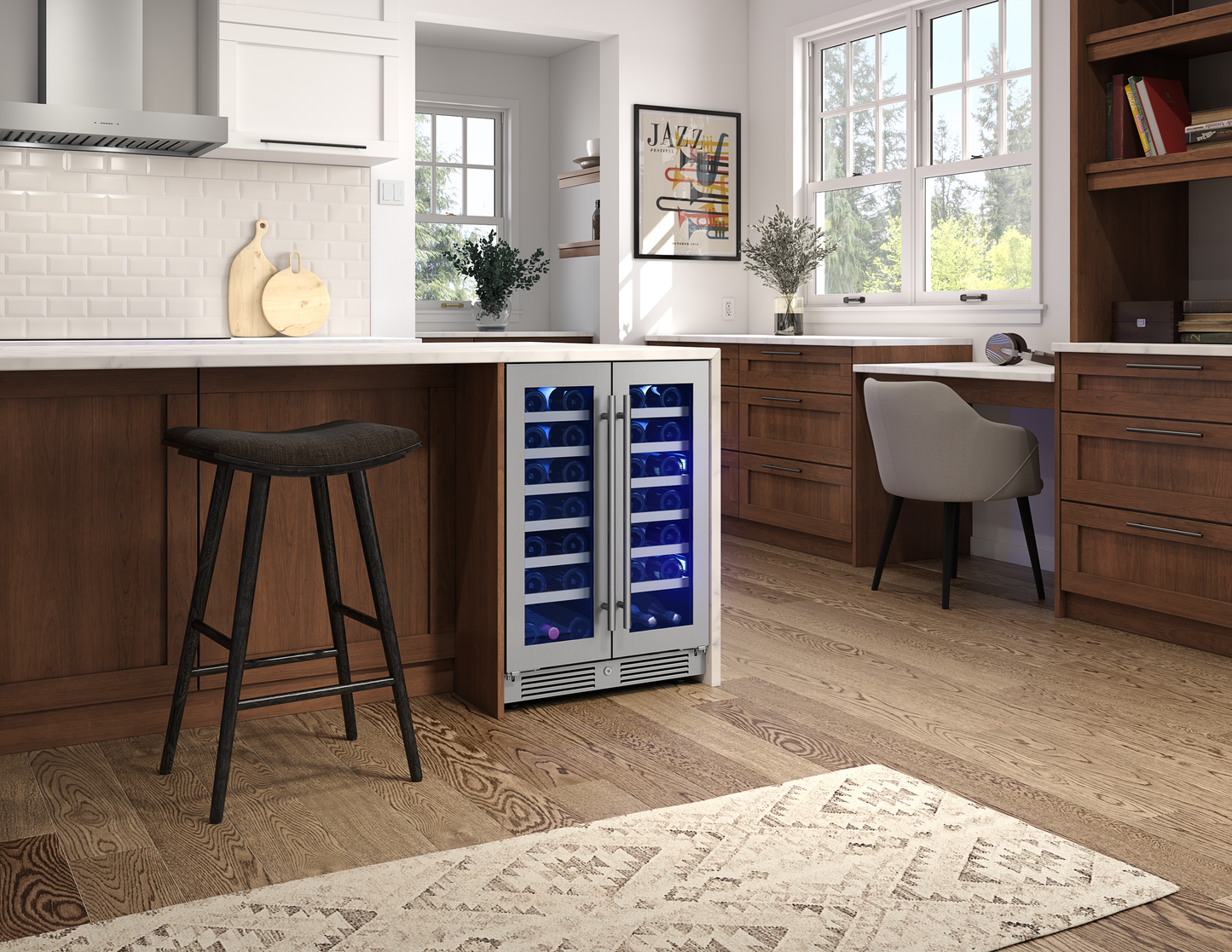 Stainless steel dual-zone wine cooler with glass French doors in modern kitchen featuring wood cabinetry and hardwood floors