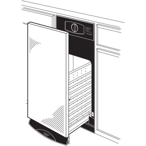 Line drawing of a built-in compactor installed in kitchen cabinetry with control knob and open door from appliances collection