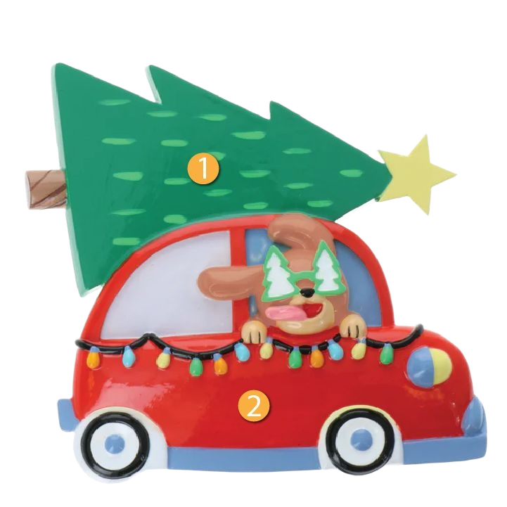 Red car ornament with cheerful dog wearing tree-shaped glasses carrying Christmas tree from holiday decorations under $50 collection