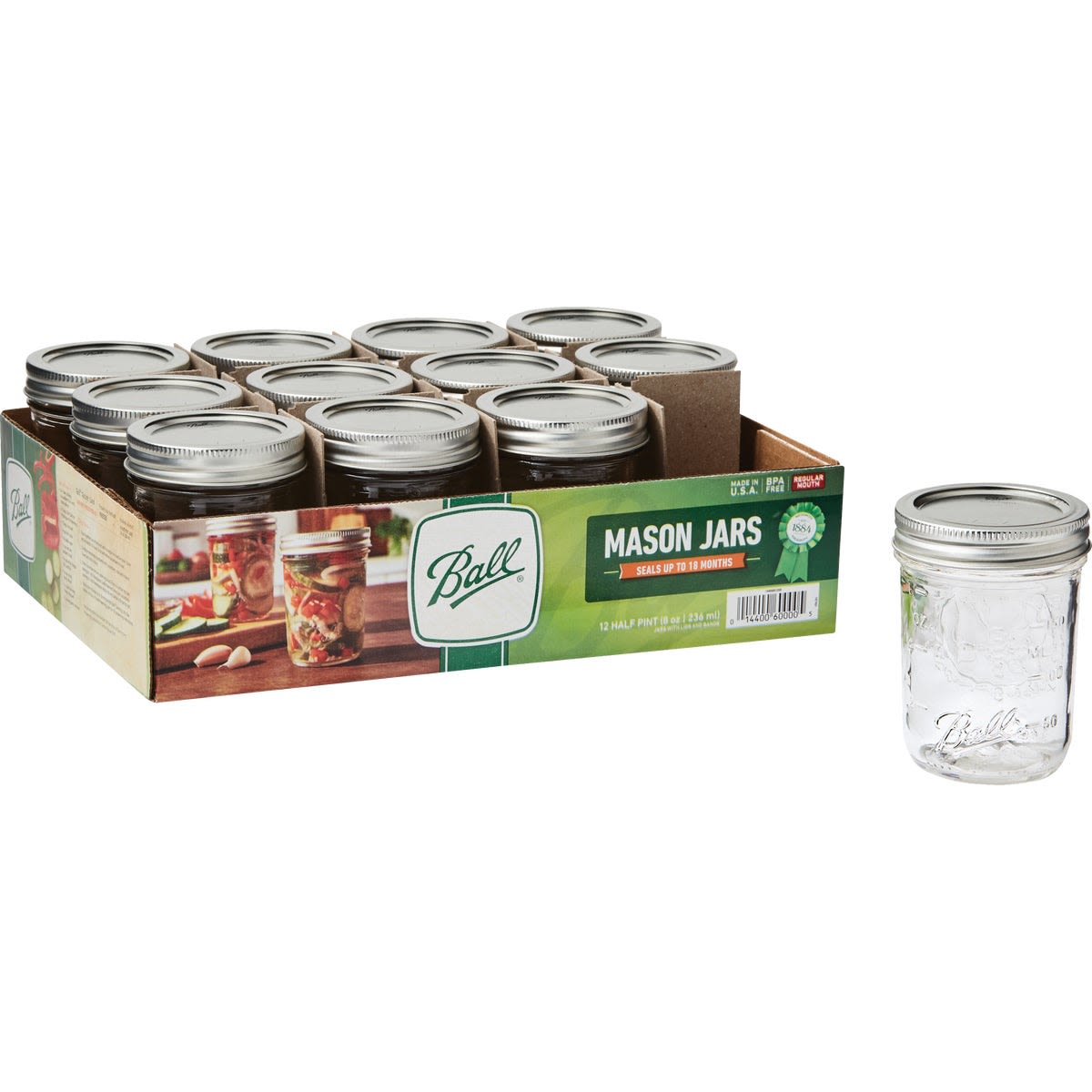 Set of twelve clear half-pint mason jars with metal lids for canning or freezing in home improvement tasks