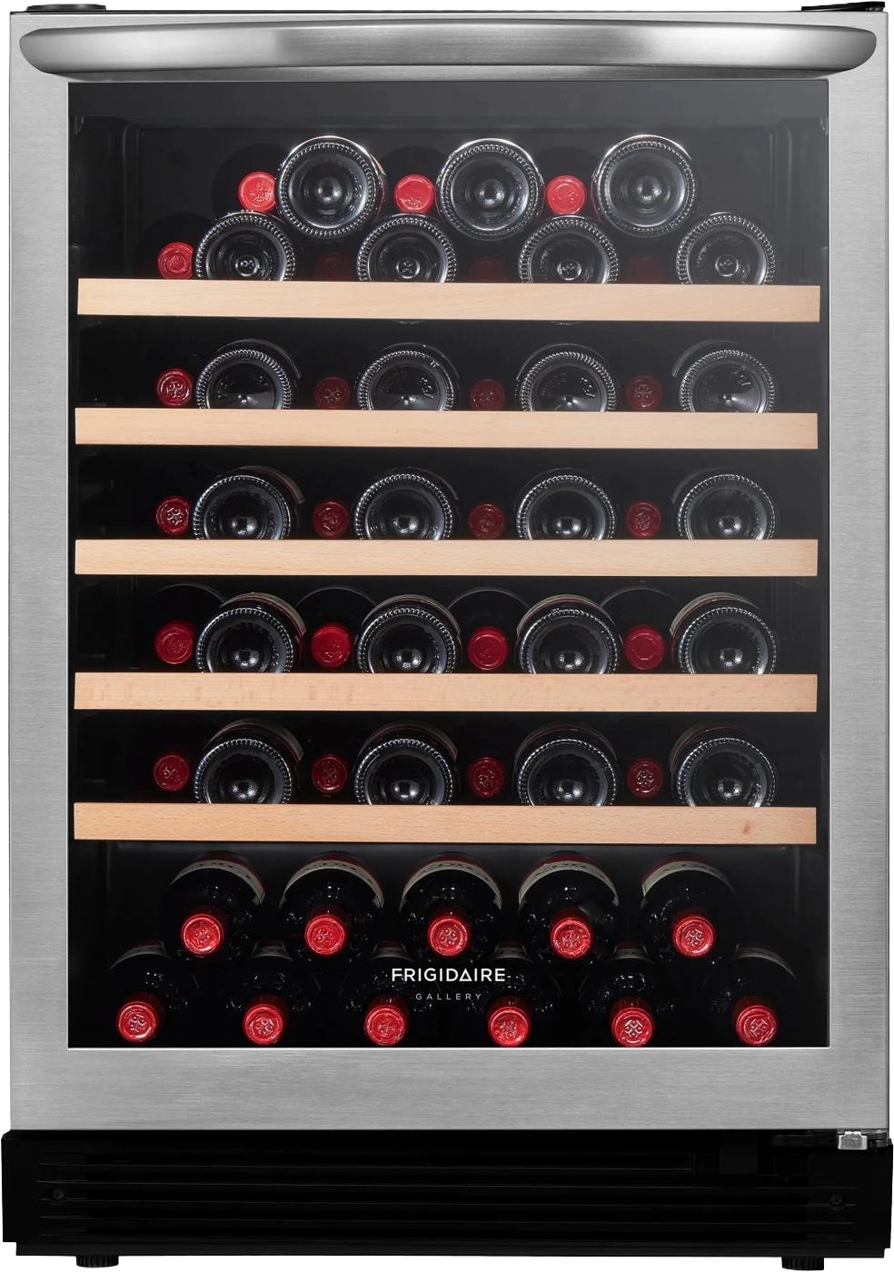 Stainless steel and glass beverage cooler with wood-trim shelves storing wine bottles, designed for kitchen and refrigerator appliance collections.