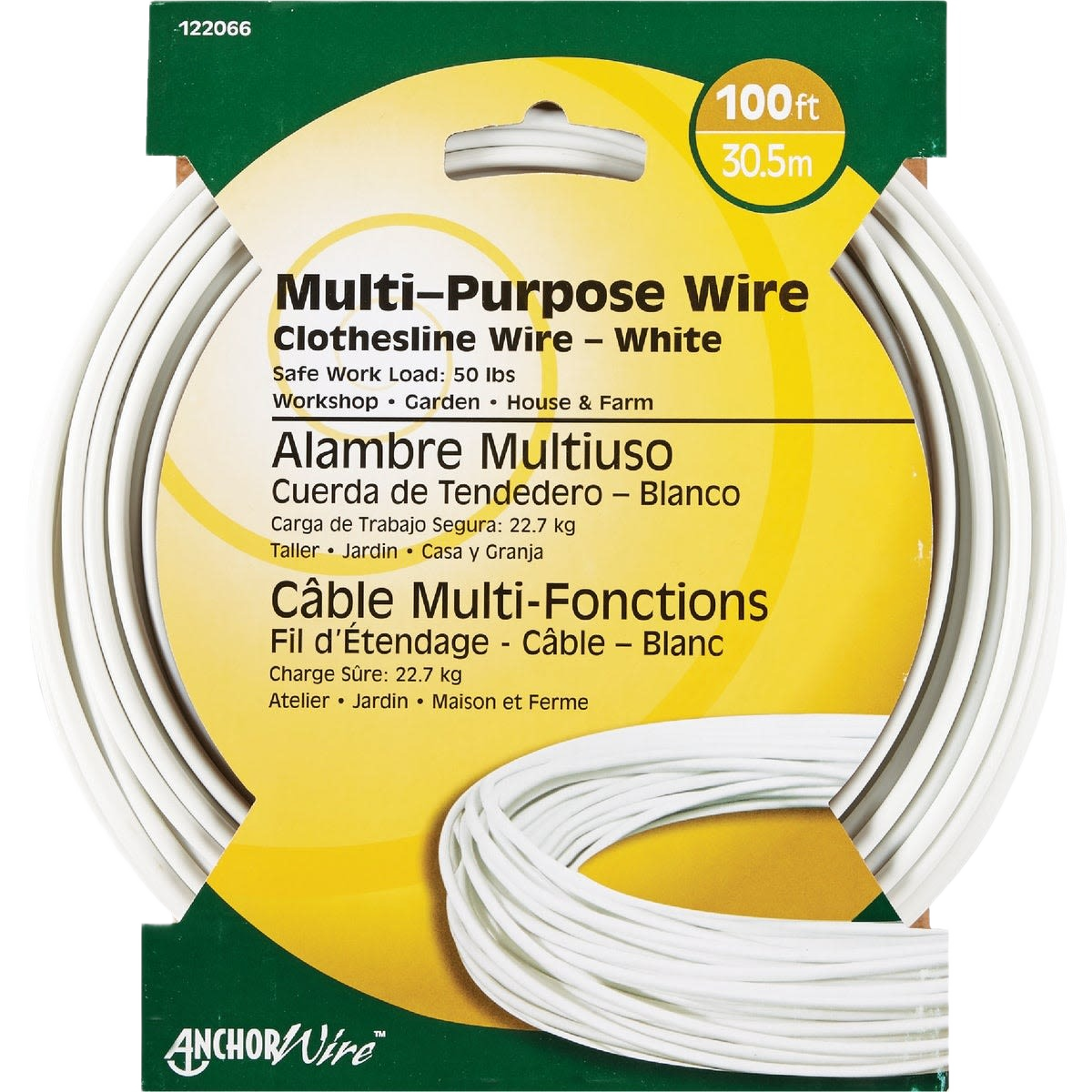 White multi-purpose plastic clothesline wire coil with 100 feet length for home improvement and outdoor use