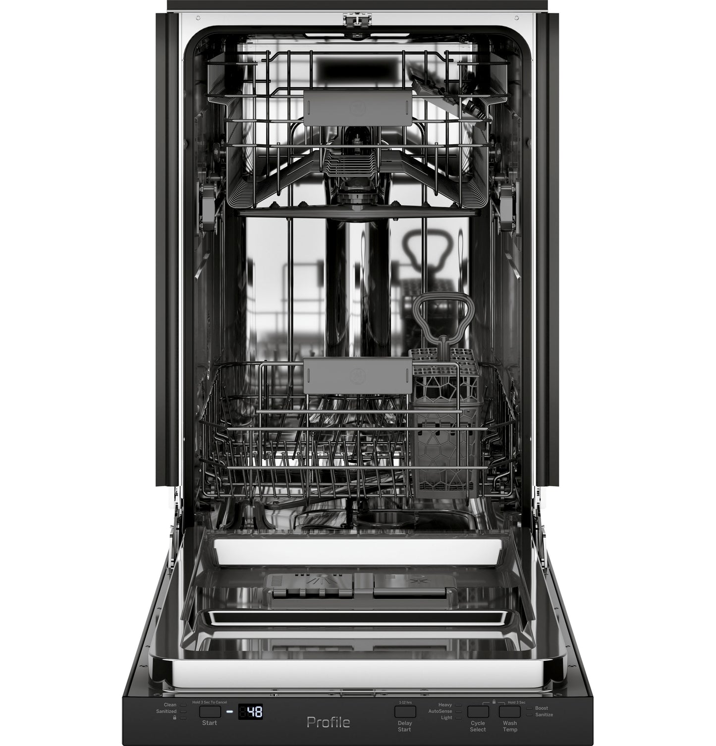 Open stainless steel interior dishwasher showing racks and digital control panel from Kitchen & Kitchenware collection