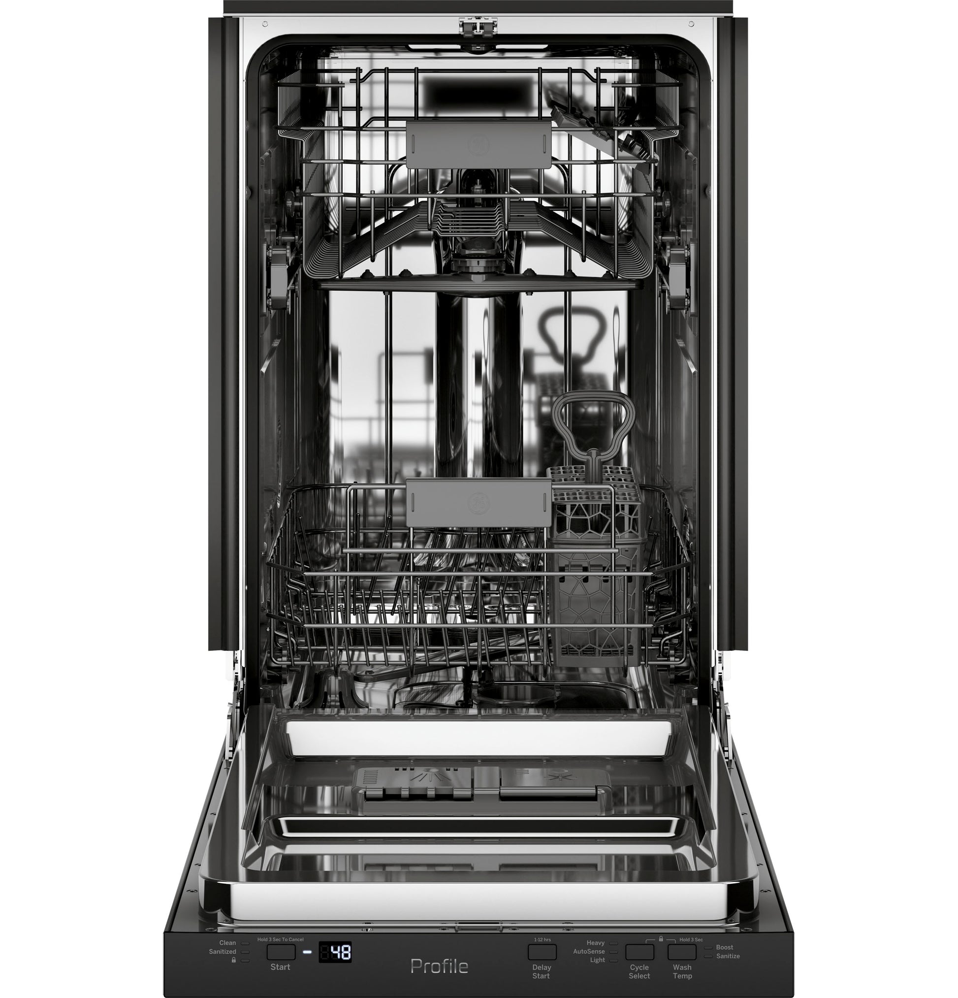 Open stainless steel interior dishwasher showing racks and digital control panel from Kitchen & Kitchenware collection