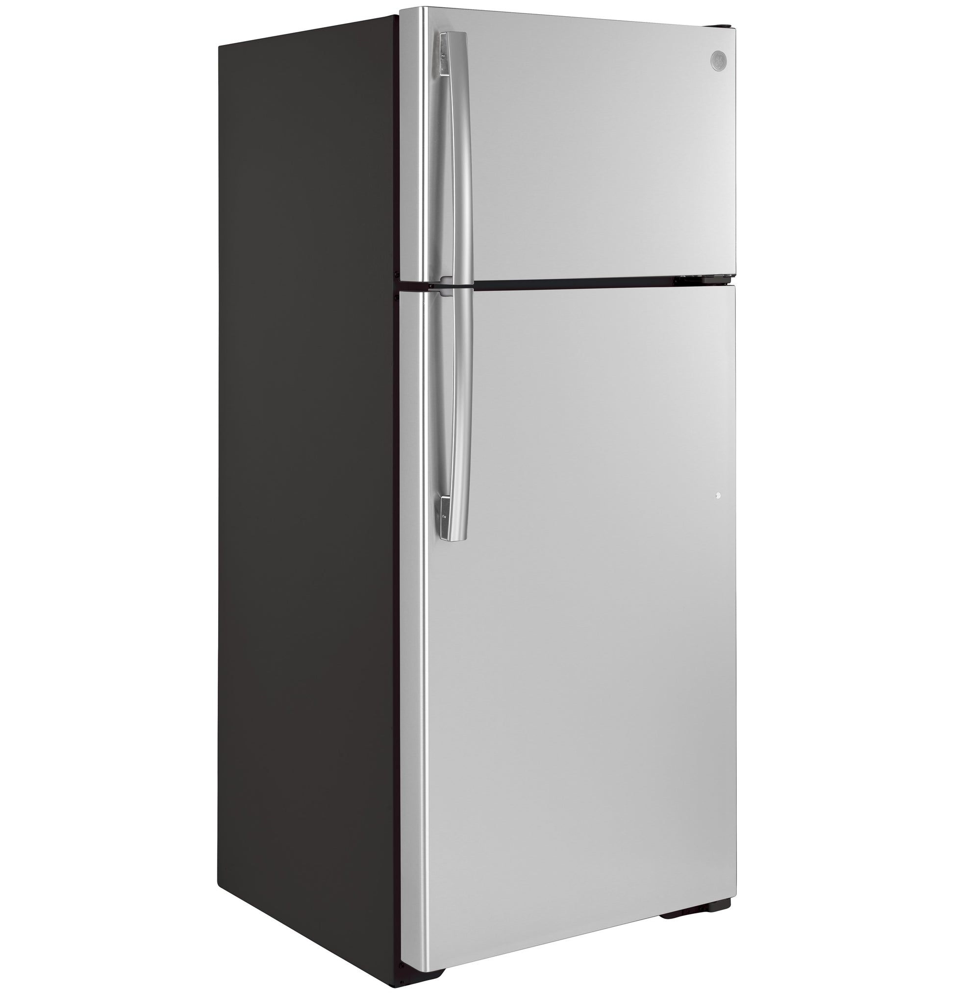 Stainless steel top-freezer refrigerator with vertical handle for kitchen appliances and home improvement collections