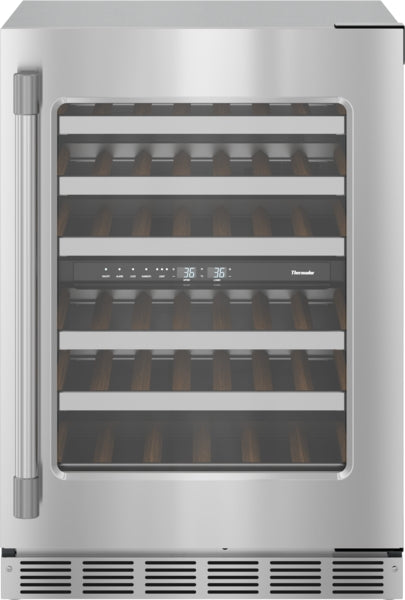 Stainless steel under counter wine cooler with glass door, right hinge, digital controls, and wooden wine racks from Thermador