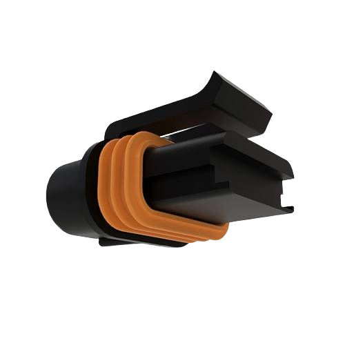 Black durable electrical connector housing with orange seals designed for John Deere parts and lubricants collection