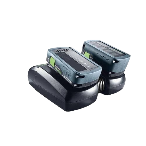 Dual bay rapid charger station in black with two inserted rechargeable tool batteries for home improvement use