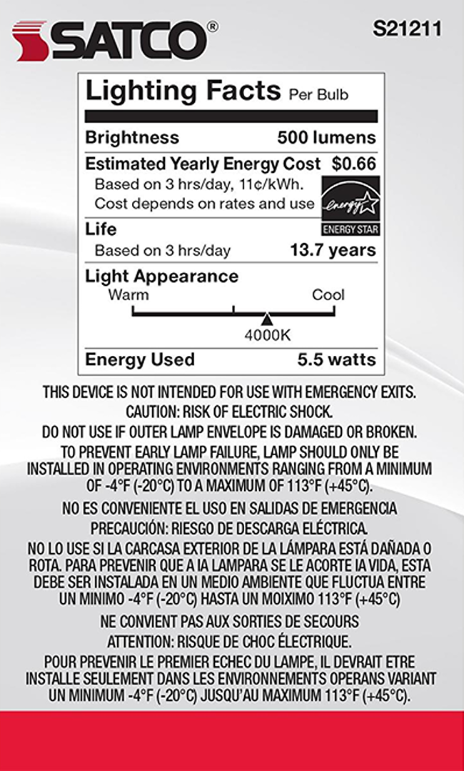 Energy-efficient LED bulb with 500 lumens brightness, cool 4000K light, 5.5 watts power for lighting and electrical use.