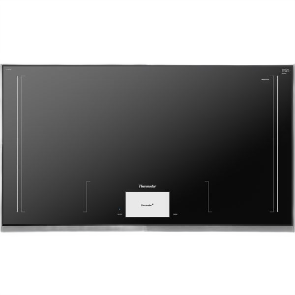 Dark gray surface mount induction cooktop with digital controls and sapphire glow LED lighting from Thermador collections