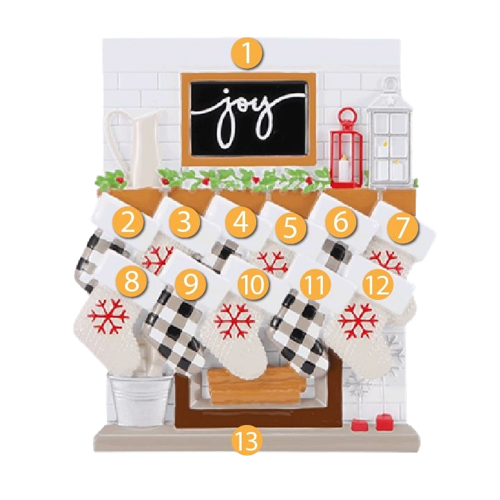 Personalized Christmas ornament with 11 stockings on cozy fireplace mantle for festive tree décor under 50 dollars