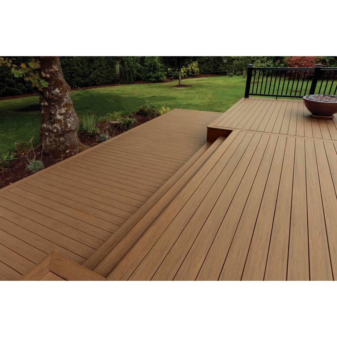 Outdoor deck featuring TimberTech square shoulder composite boards in antique leather finish for home improvement projects