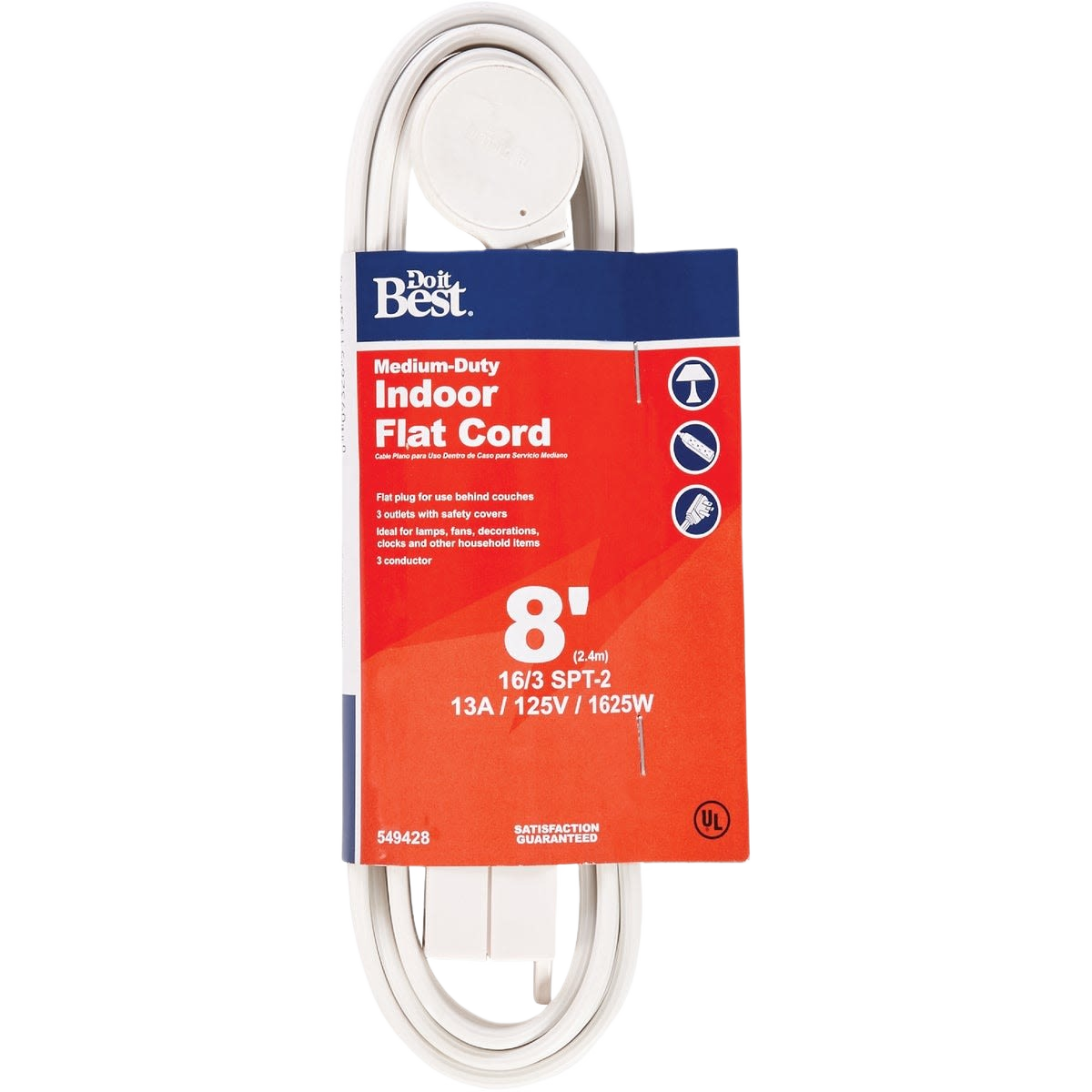 White flat plug extension cord with three outlets and safety covers for indoor home improvement use