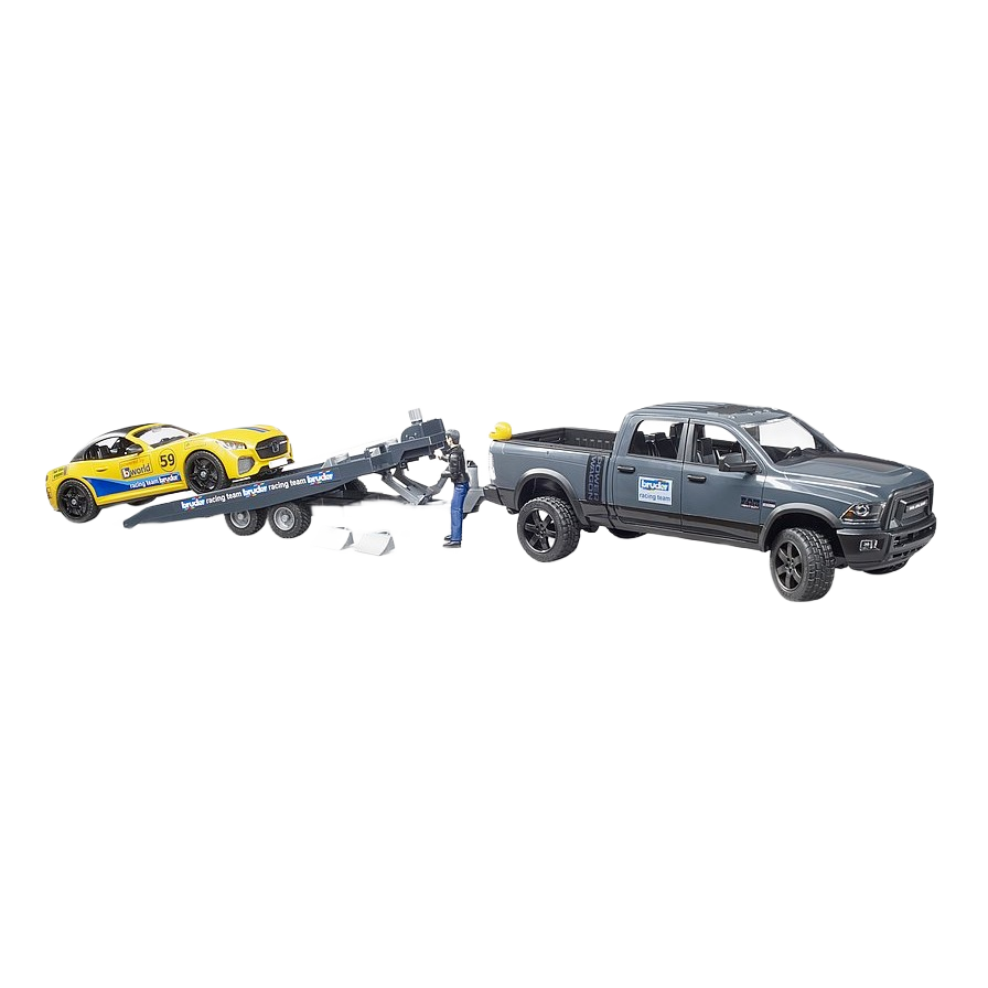 Gray toy pickup truck towing yellow race car on flatbed trailer with miniature figure for realistic play sets