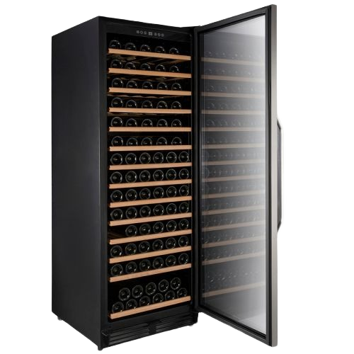 Tall black wine cooler with wooden shelves and glass door storing numerous bottles in kitchen appliances collection