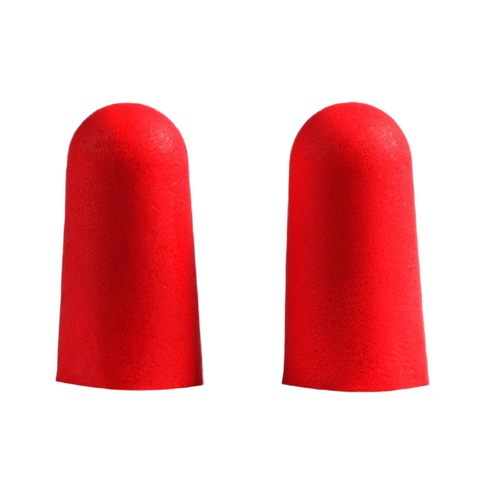 Pair of red foam ear plugs designed for noise reduction in safety and hearing protection gear collections
