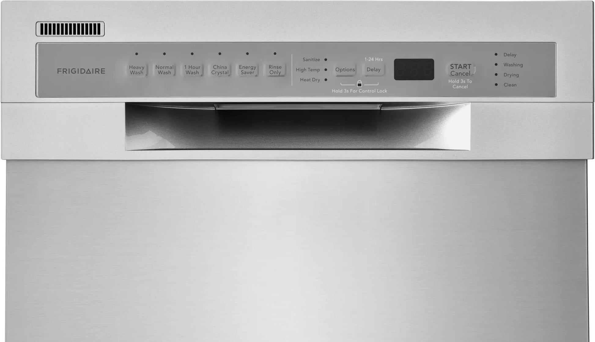 Front panel of stainless steel 18-inch built-in dishwasher with digital control buttons for kitchen appliances collection