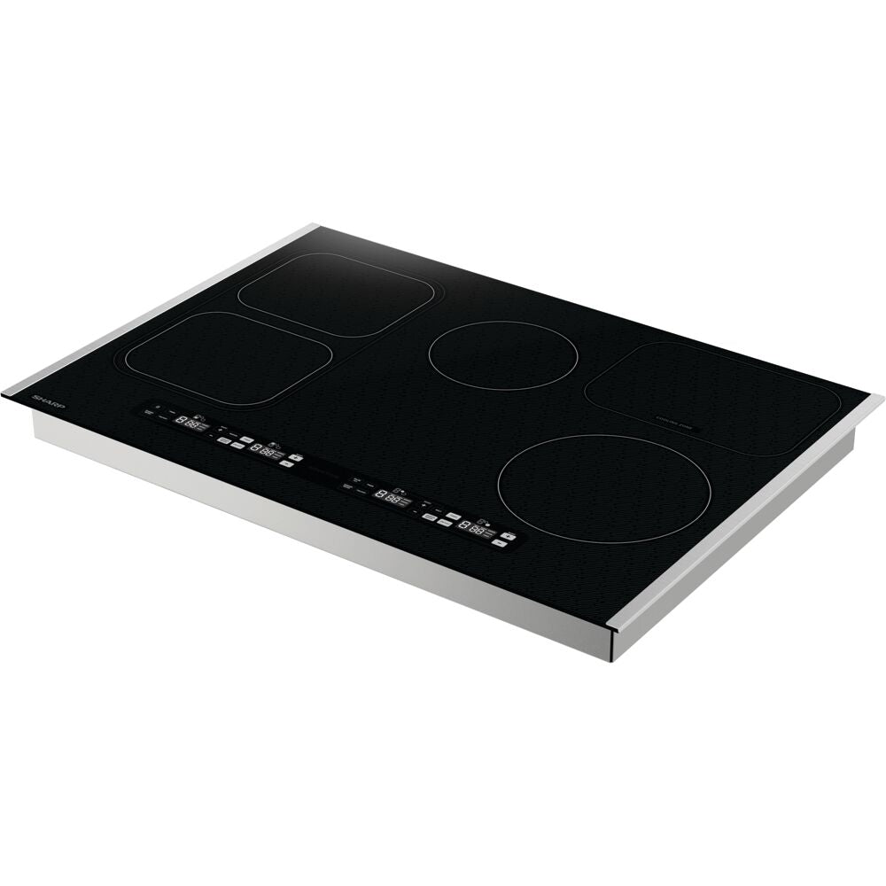 Black glass induction cooktop with five heating zones and touch controls in kitchen appliances collection