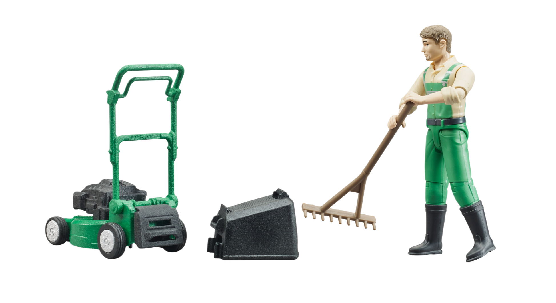 Gardener figure in green dungarees with green mower and brown rake toys in Bruder Toys and Under $50 collections