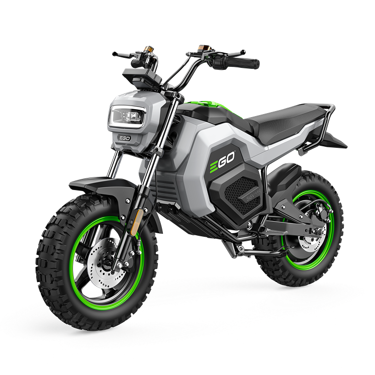 Compact electric mini bike with green accents, rugged tires, and advanced battery system for off-road performance and tools collections
