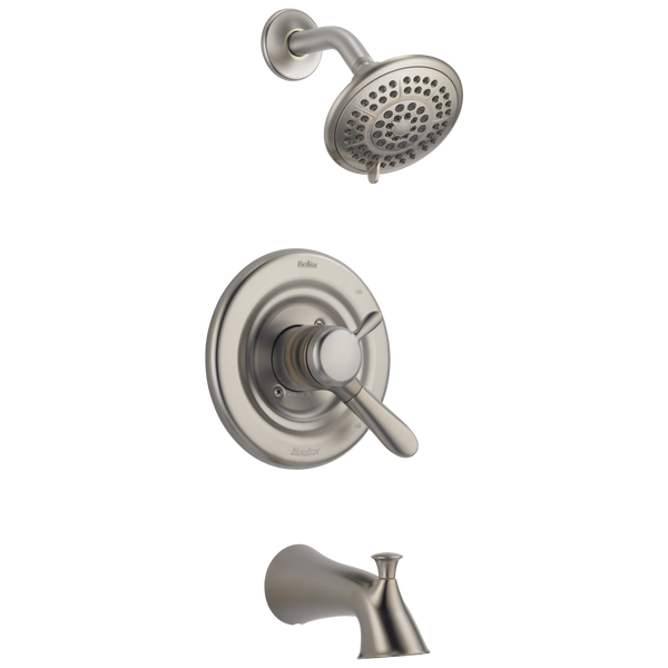 Stainless steel tub and shower faucet trim with adjustable handles, designed for bathroom plumbing and shower faucets.